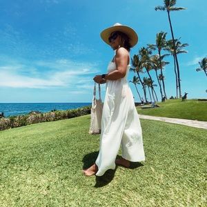 Gauze jumpsuit, smocked elastic bust, square neck, tie straps, wide leg